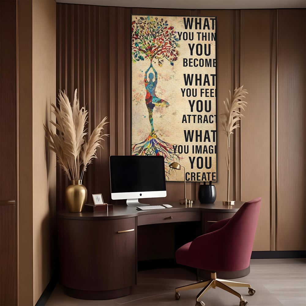 Tablou canvas cu tablou canvas motivational cu silueta si copac, in rama de aluminiu negru, pe perete intr-un birou
